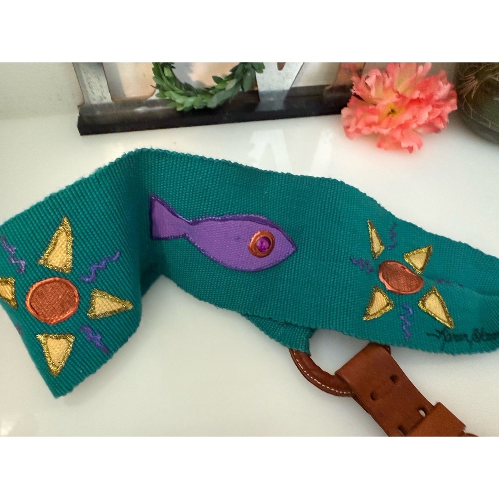 80s Hand Painted 3"‎ Waist Belt Teal Fish Multi Handmade Leather Buckle M/L 30" - Picture 7 of 16